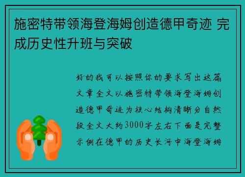 施密特带领海登海姆创造德甲奇迹 完成历史性升班与突破